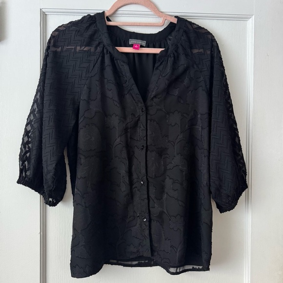 Vince Camuto Tops - Vince Camuto Black Blouse with Sheer Patterned Sleeves Size S